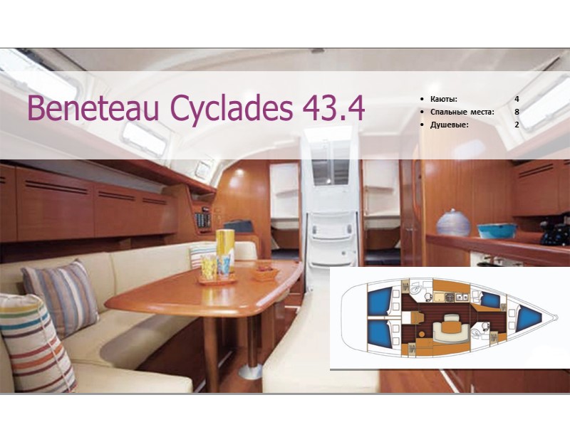Каюты:   4 Спальные места: 8 Душевые:  2 Beneteau Cyclades 43.4